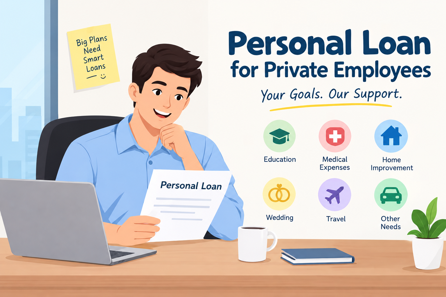 Personal loan for private employees showing a salaried employee reviewing a personal loan document with options for education, medical expenses, home improvement, wedding, travel, and other financial needs.